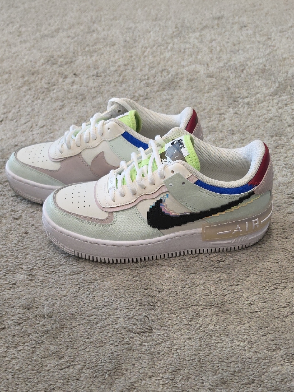 Nike Air Force 1 Shadow White Black Pixel Swoosh with Pastel Accents